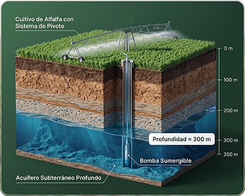 Esquema conceptual del acuífero subterráneo en Mendoza, perforación, bomba sumergible y riego por pivote para cultivo de alfalfa